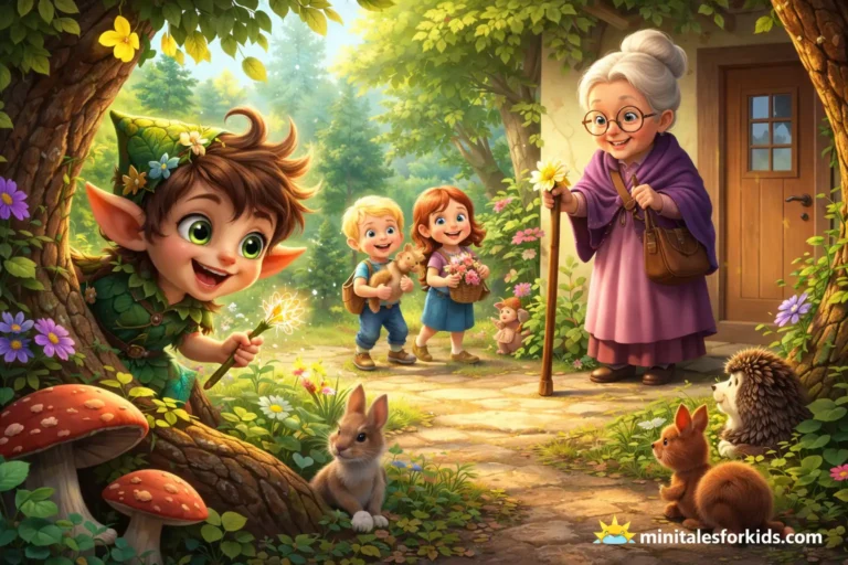 3D animated tiny trickster character helping an elderly woman and children in a magical forest, colorful kids story illustration