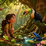 3D animated rainforest adventure scene featuring brave young girl Lila exploring magical jungle pathways with colorful toucan beneath lush green canopy.