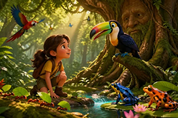 3D animated rainforest adventure scene featuring brave young girl Lila exploring magical jungle pathways with colorful toucan beneath lush green canopy.