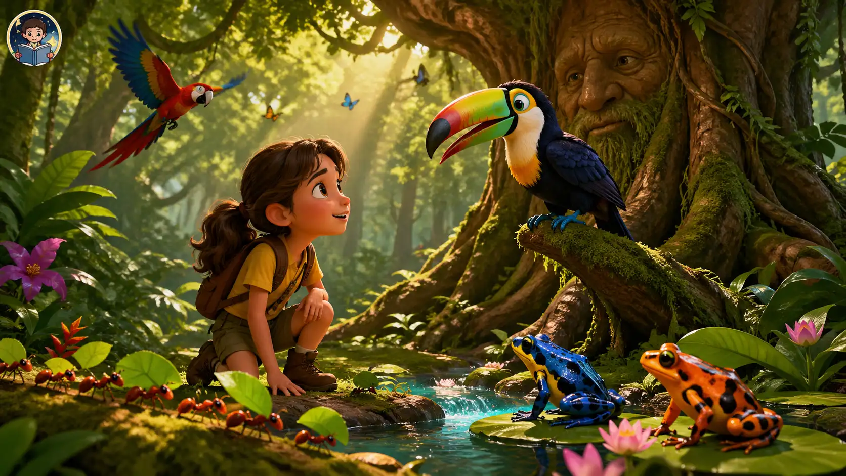 3D animated rainforest adventure scene featuring brave young girl Lila exploring magical jungle pathways with colorful toucan beneath lush green canopy.