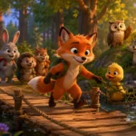 3D animated forest scene showing Oliver the brave fox helping a duckling while crossing a wooden bridge with animal friends during a magical adventure.
