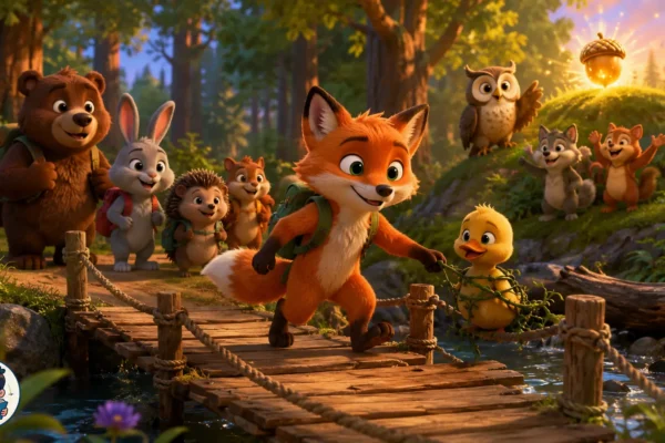 3D animated forest scene showing Oliver the brave fox helping a duckling while crossing a wooden bridge with animal friends during a magical adventure.