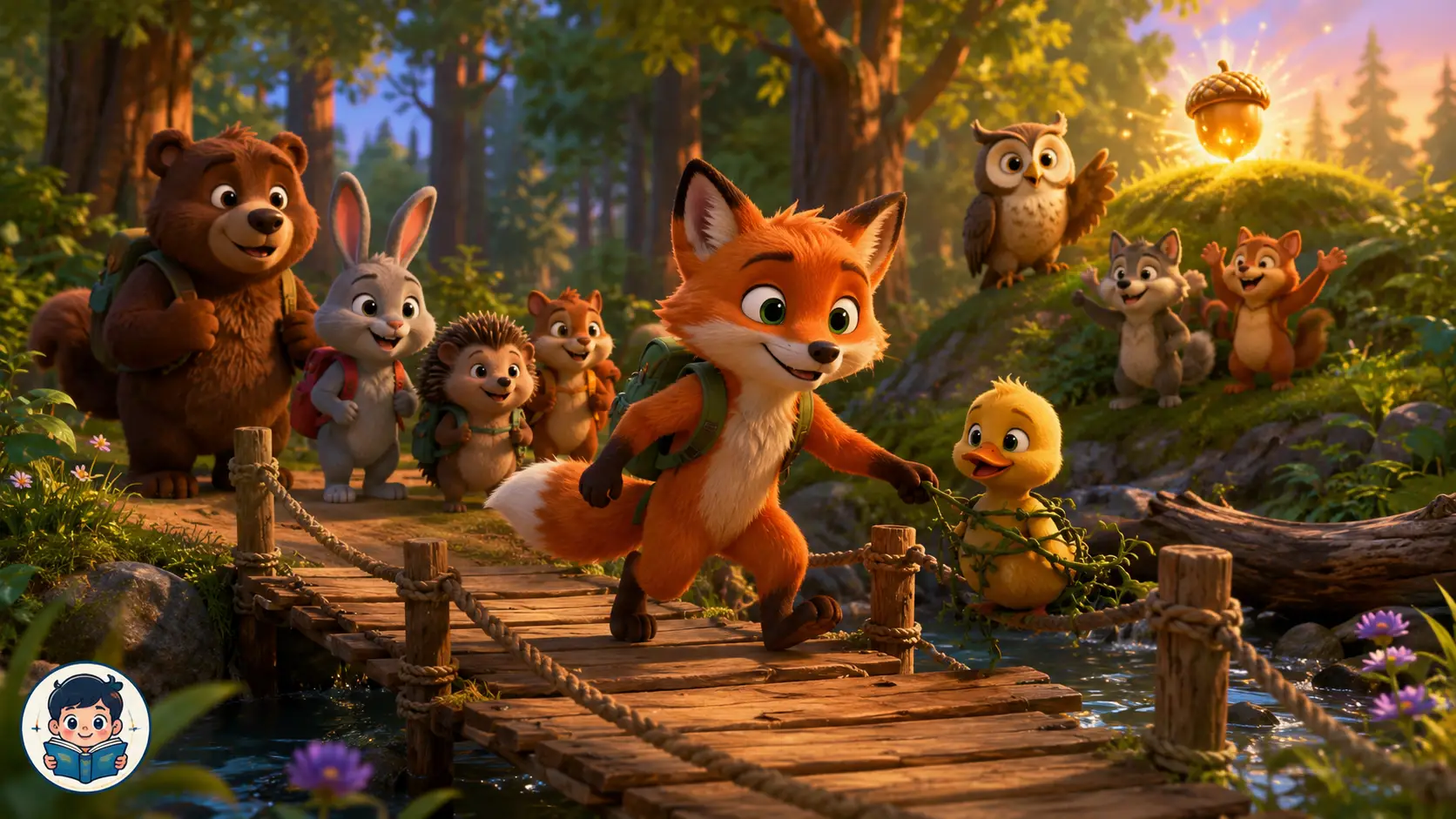 3D animated forest scene showing Oliver the brave fox helping a duckling while crossing a wooden bridge with animal friends during a magical adventure.