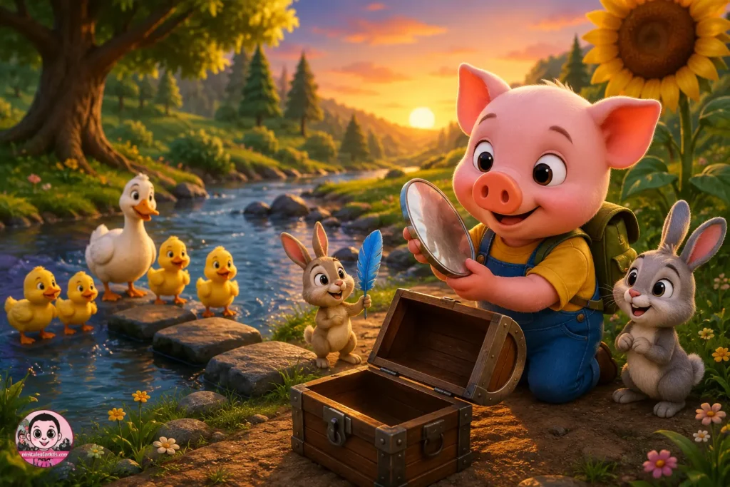 Cute 3D animated little pig Gurki discovering a magical treasure chest beside a river with rabbit and duck friends at sunset.