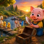 Cute 3D animated little pig Gurki discovering a magical treasure chest beside a river with rabbit and duck friends at sunset.