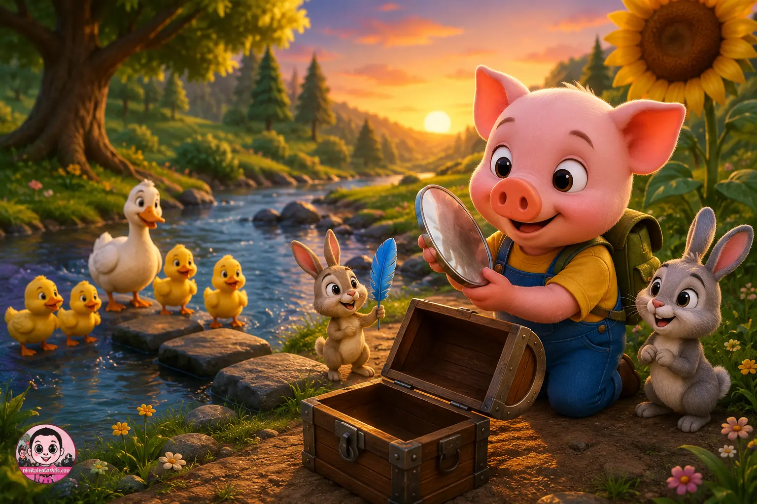 Cute 3D animated little pig Gurki discovering a magical treasure chest beside a river with rabbit and duck friends at sunset.