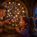 3D animated illustration of a magical clockmaker and young girl inside a glowing clock tower filled with sparkling stars and fantasy village scenery.