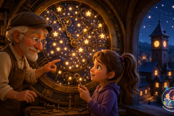 3D animated illustration of a magical clockmaker and young girl inside a glowing clock tower filled with sparkling stars and fantasy village scenery.