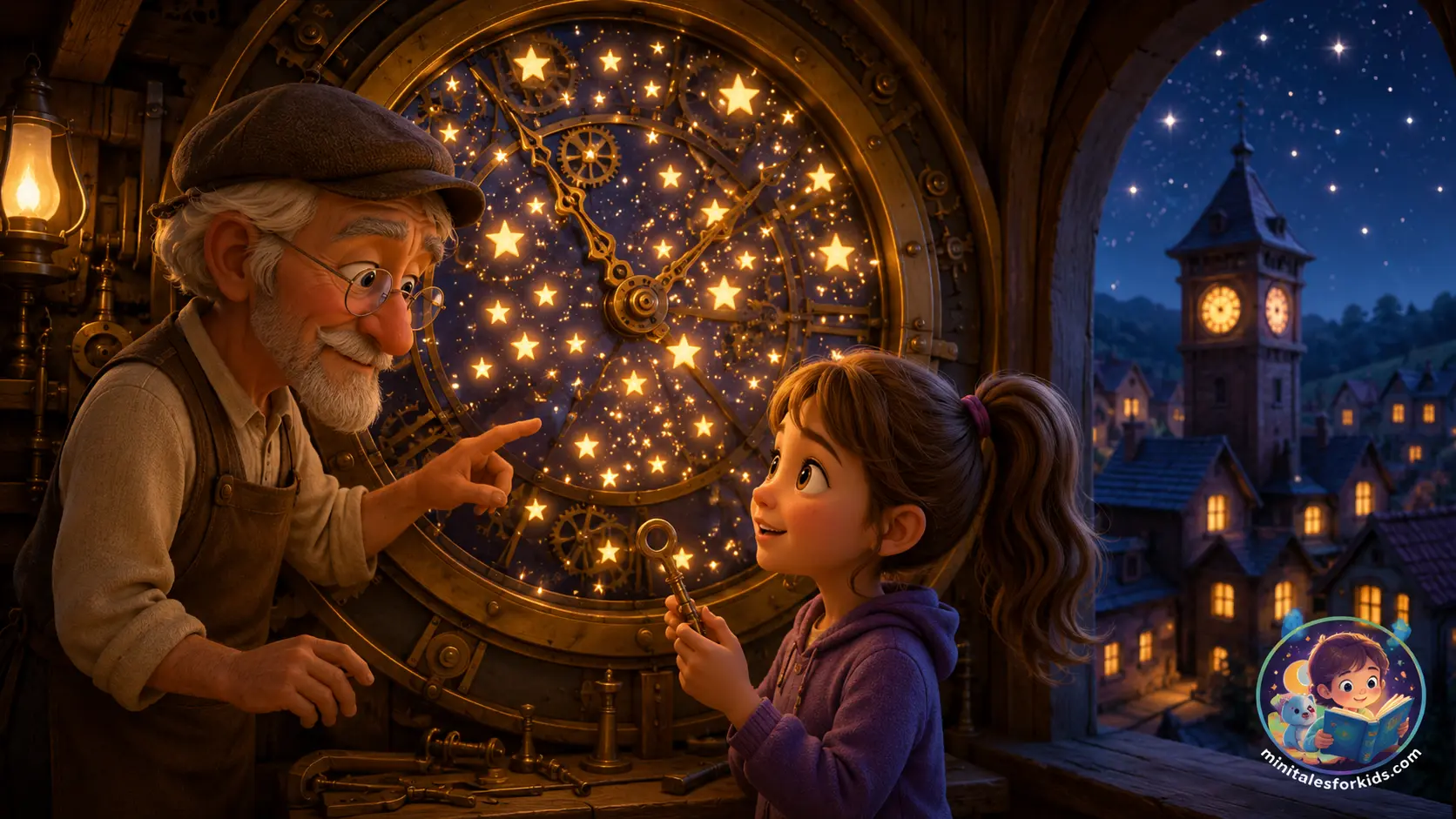 3D animated illustration of a magical clockmaker and young girl inside a glowing clock tower filled with sparkling stars and fantasy village scenery.