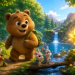 Cute sleepy bear walking through a magical forest with animal friends near a glowing golden flower in a colorful 3D animated children’s story scene.