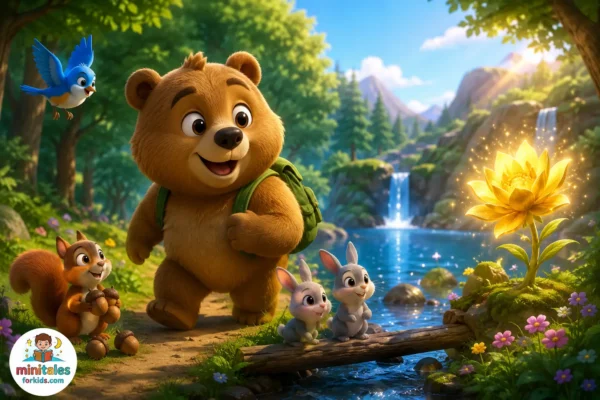 Cute sleepy bear walking through a magical forest with animal friends near a glowing golden flower in a colorful 3D animated children’s story scene.