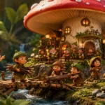 3D animated scene of the Village Hidden in a Toadstool featuring tiny woodland villagers rebuilding a bridge through teamwork in a magical forest.