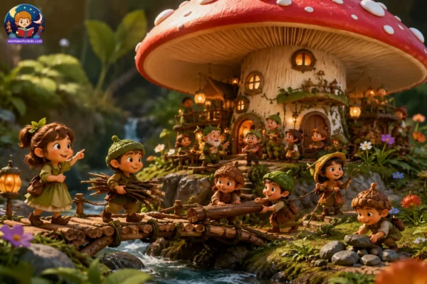 3D animated scene of the Village Hidden in a Toadstool featuring tiny woodland villagers rebuilding a bridge through teamwork in a magical forest.