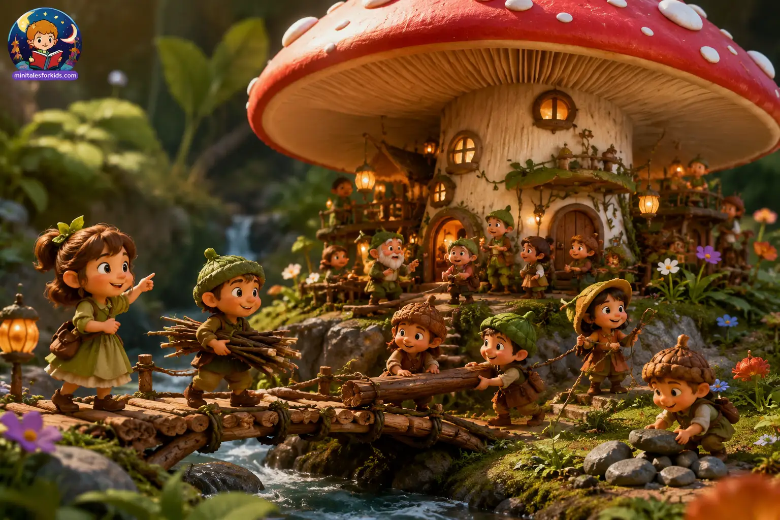 3D animated scene of the Village Hidden in a Toadstool featuring tiny woodland villagers rebuilding a bridge through teamwork in a magical forest.