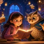 3D animated illustration of Lily discovering a magical dream library with floating books and a wise owl in an enchanted forest.