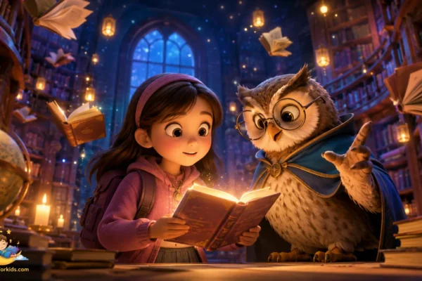 3D animated illustration of Lily discovering a magical dream library with floating books and a wise owl in an enchanted forest.