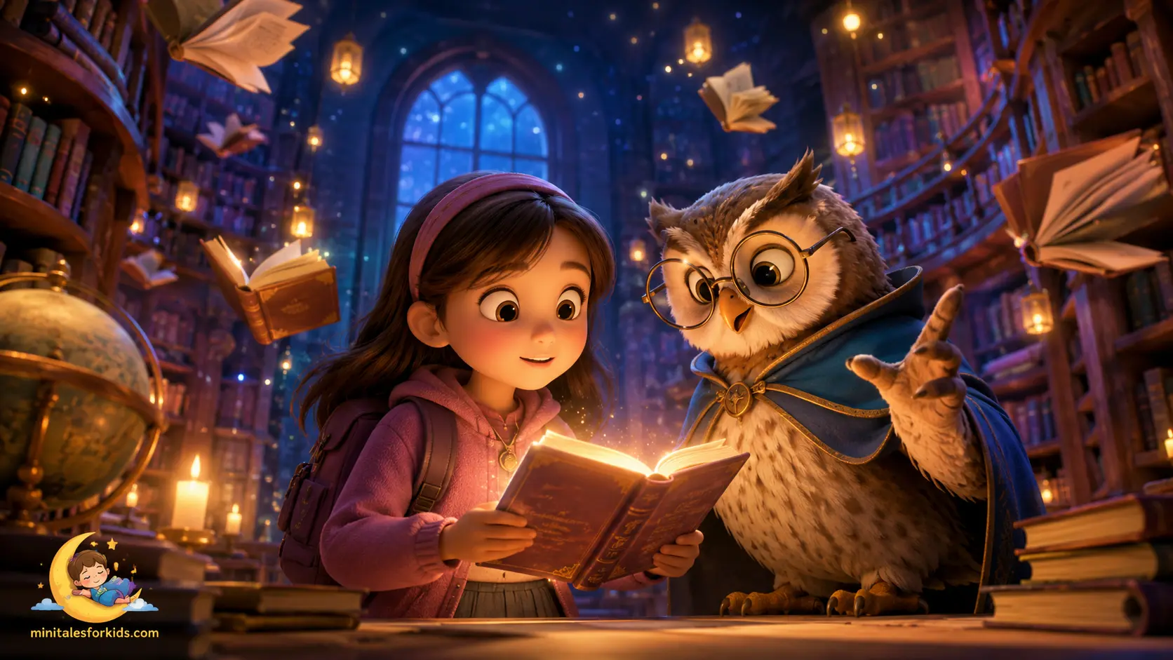 3D animated illustration of Lily discovering a magical dream library with floating books and a wise owl in an enchanted forest.
