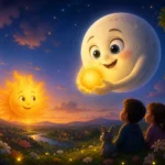3D animated scene of a smiling moon holding a glowing light while a friendly sun sets, children watching in a magical twilight landscape