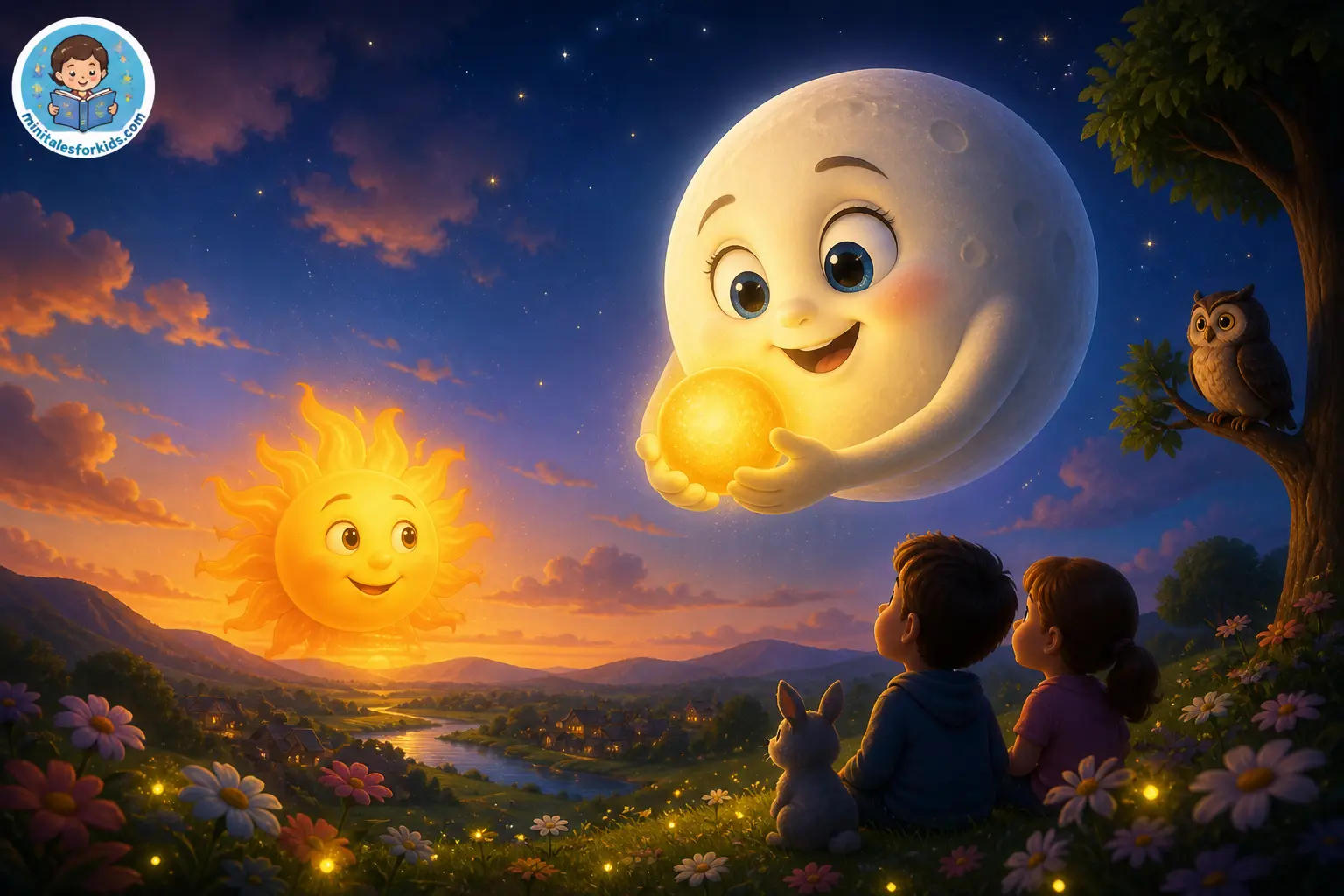 3D animated scene of a smiling moon holding a glowing light while a friendly sun sets, children watching in a magical twilight landscape