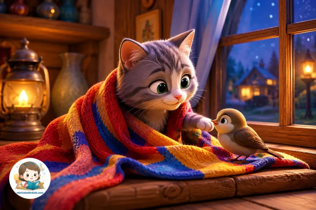 A cute gray kitten wrapped in a colorful cozy blanket near a window in a warm 3D animated room