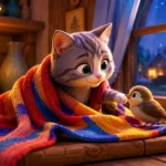 A cute gray kitten wrapped in a colorful cozy blanket near a window in a warm 3D animated room