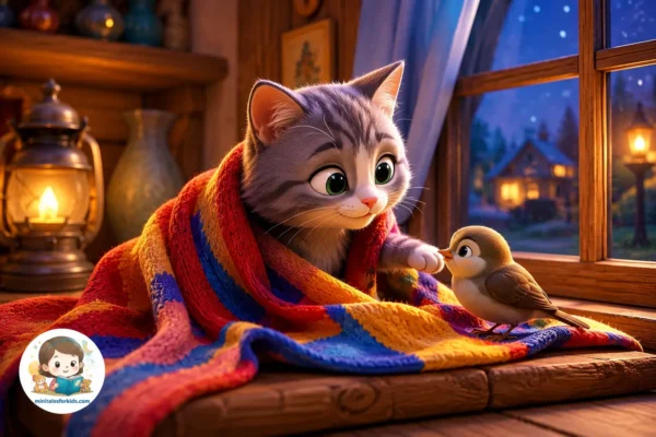 A cute gray kitten wrapped in a colorful cozy blanket near a window in a warm 3D animated room