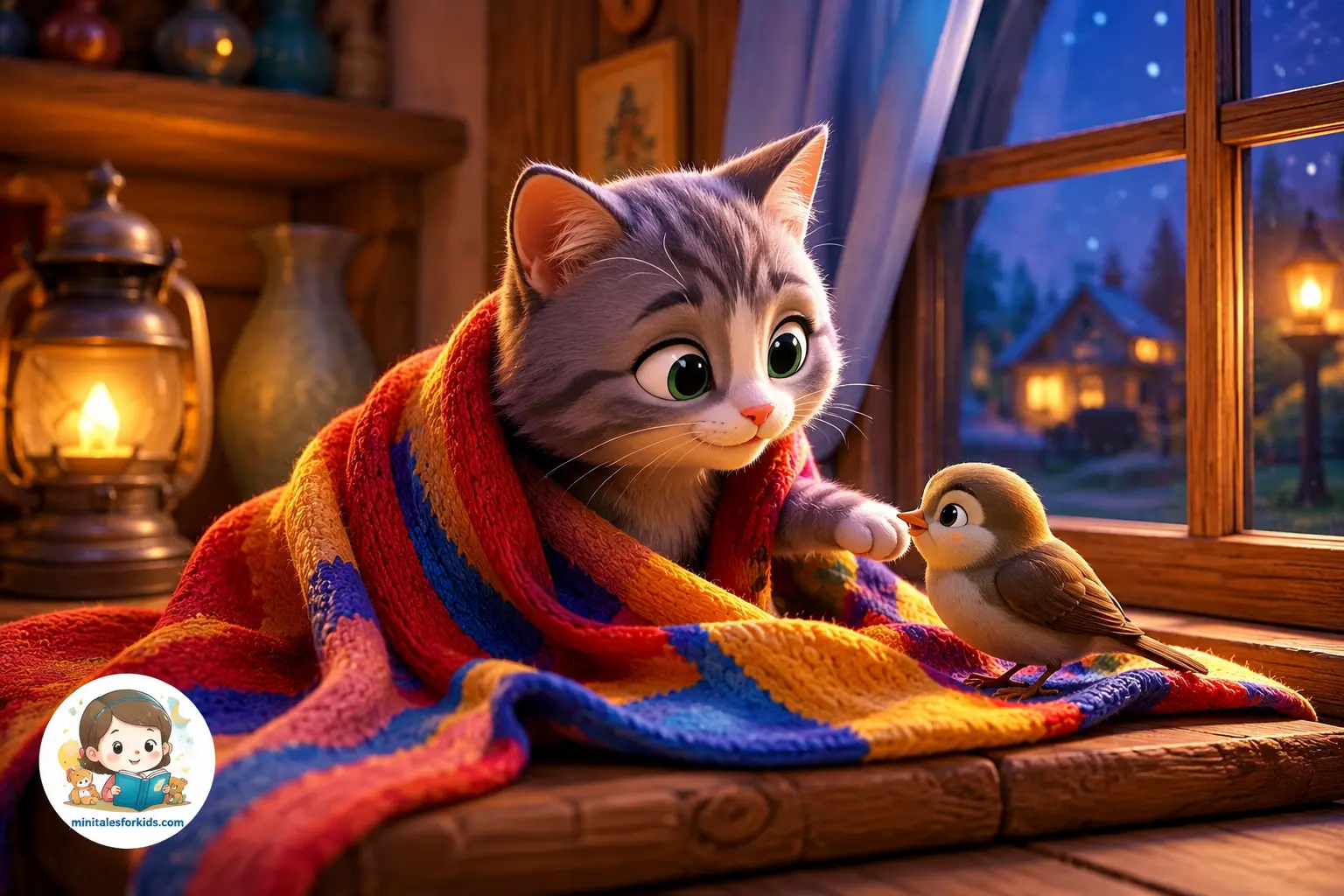 A cute gray kitten wrapped in a colorful cozy blanket near a window in a warm 3D animated room