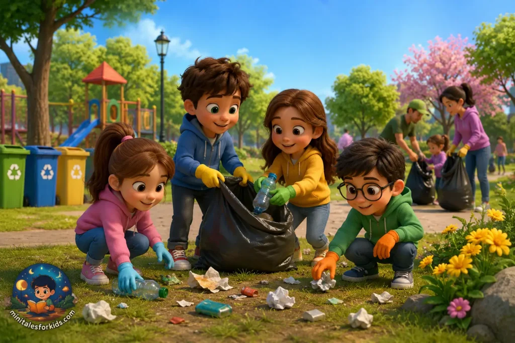 3D animated children cleaning a park together in a colorful community scene about teamwork, recycling, and environmental awareness for kids.