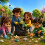 3D animated children cleaning a park together in a colorful community scene about teamwork, recycling, and environmental awareness for kids.