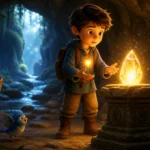 3D animated scene of a boy discovering a glowing magical stone in a forest cave with animals and an elderly woman