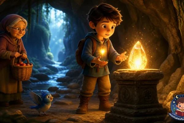 3D animated scene of a boy discovering a glowing magical stone in a forest cave with animals and an elderly woman