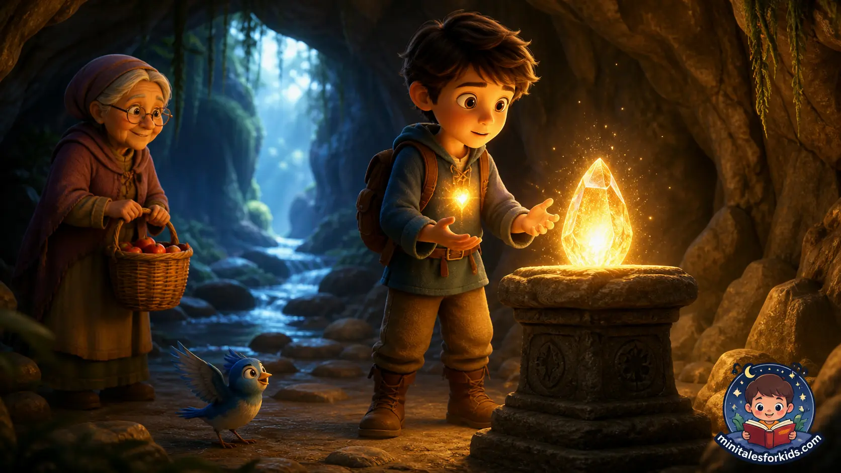 3D animated scene of a boy discovering a glowing magical stone in a forest cave with animals and an elderly woman