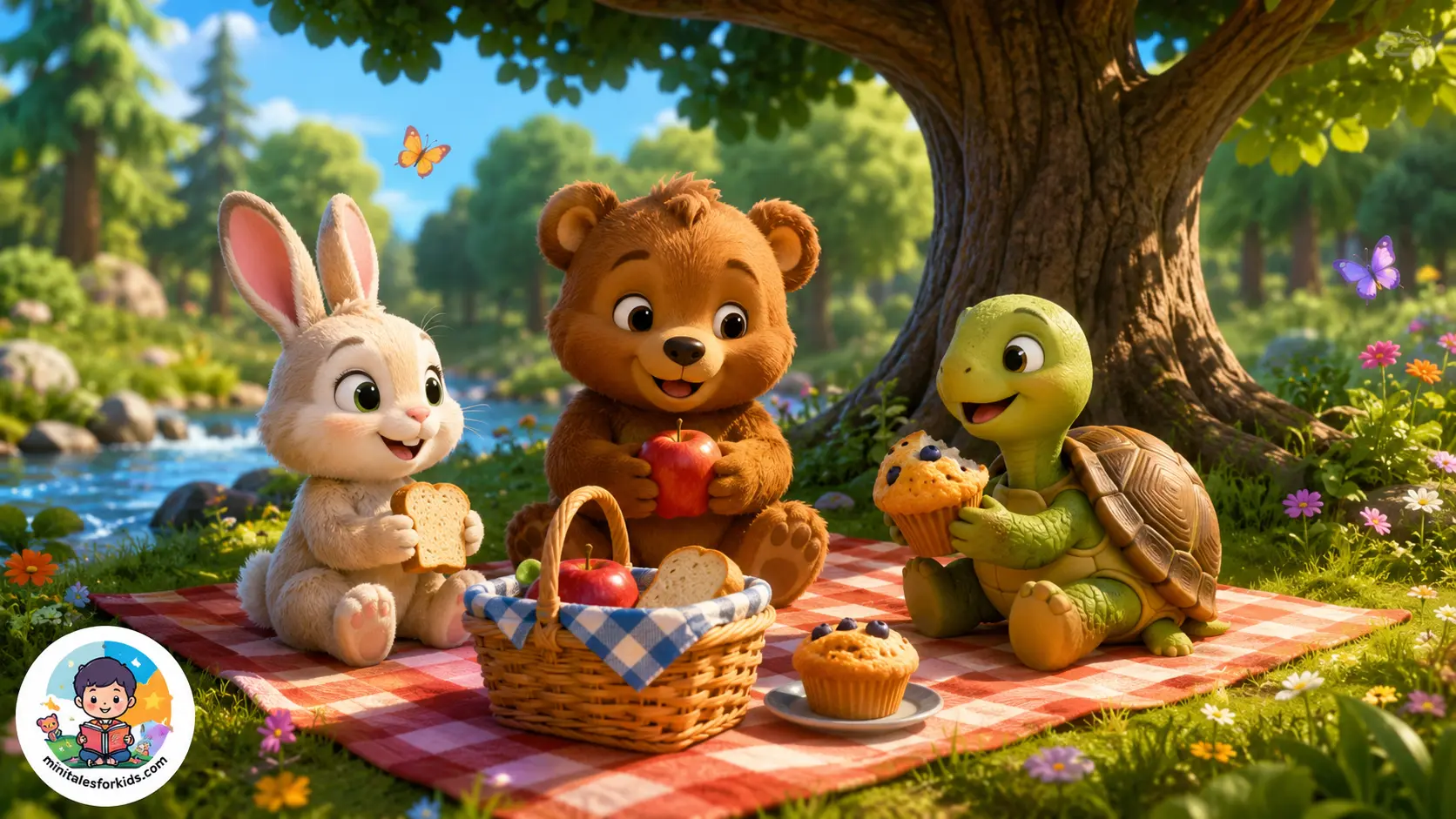 Cute 3D animated baby bear enjoying a forest picnic with bunny and turtle under a shady tree in a colorful, child-friendly nature scene featuring the MiniTalesForKids.com logo and no other text.