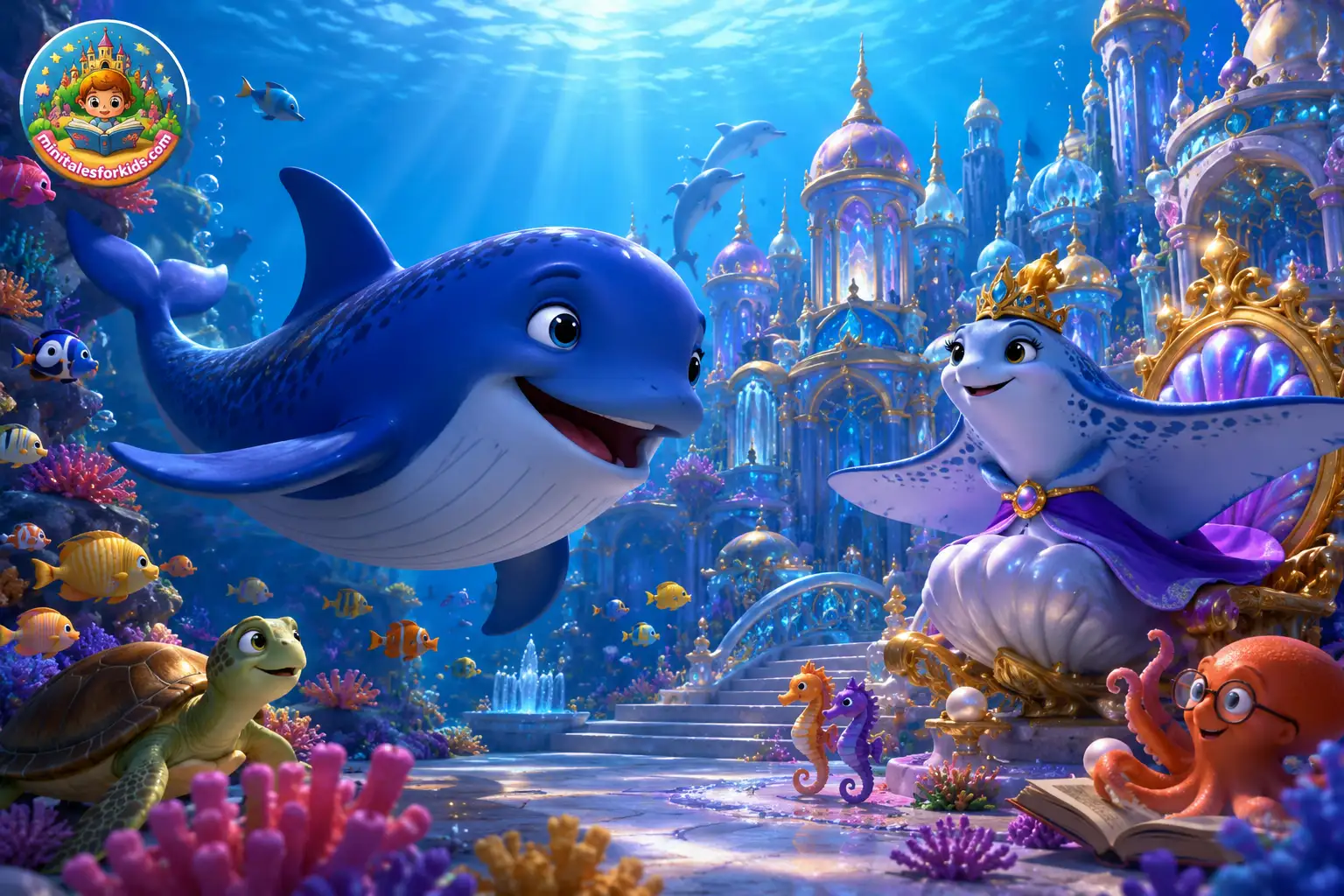 3D animated illustration of Bluto the blue whale discovering a magical underwater kingdom filled with colorful coral reefs, sea creatures, and crystal palaces.