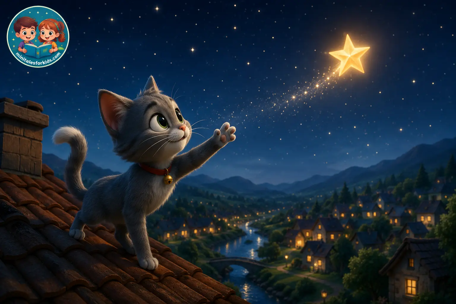 Cute gray cat reaching for a glowing golden star above a magical village in a 3D animated children's fairy tale scene.