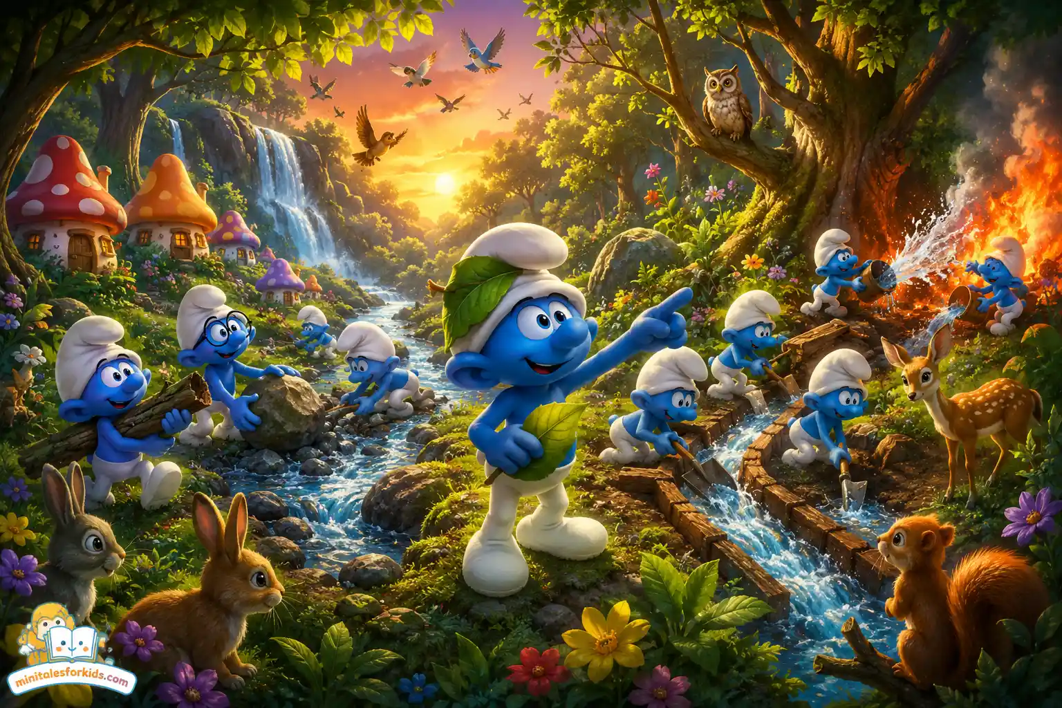 A magical fantasy illustration of Smurfs working together to save a lush enchanted forest by restoring a flowing stream and protecting wildlife in a colorful fairytale landscape.