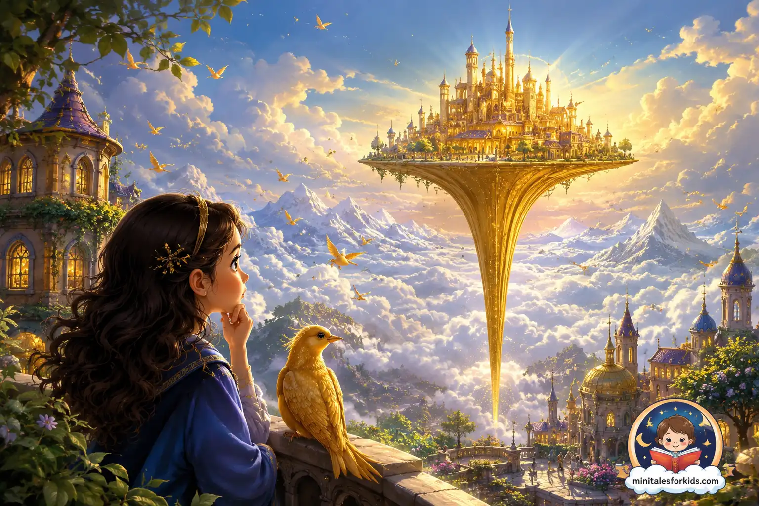 Elara gazes at the magical City at the Tip of a Golden Needle floating above the clouds, accompanied by a golden bird in a fantasy fairy tale world.