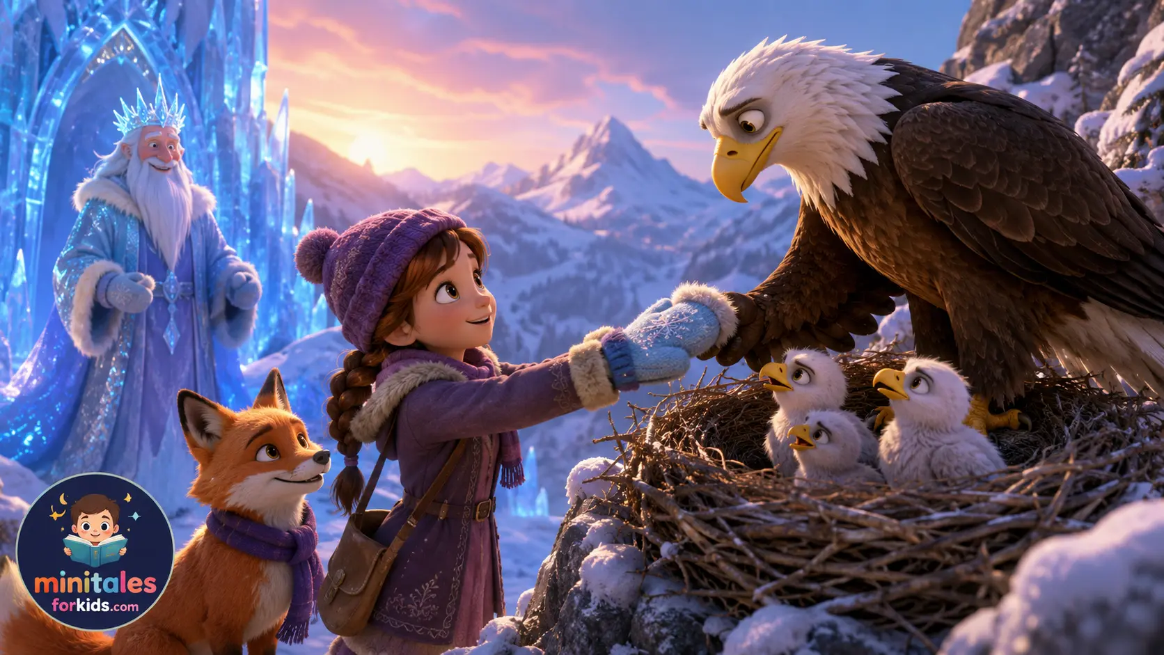 3D animated illustration of Clara returning the magical mitten to save winter in a snowy fantasy kingdom with a fox, eagle, and sparkling winter landscape.