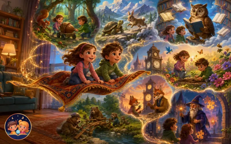 A magical flying carpet carries two children through a fantasy world filled with talking animals, enchanted forests, floating libraries, and educational adventures in a colorful storybook illustration.