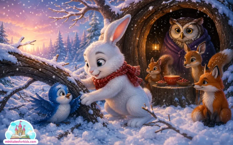 A brave white bunny rescues a little blue bird in a snowy enchanted forest while friendly woodland animals watch in this magical children's fairy tale illustration.
