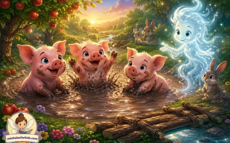 Three happy piglets play in a magical mud bath while a glowing forest spirit watches over them in a colorful fantasy woodland filled with flowers, rabbits, and a small wooden bridge.