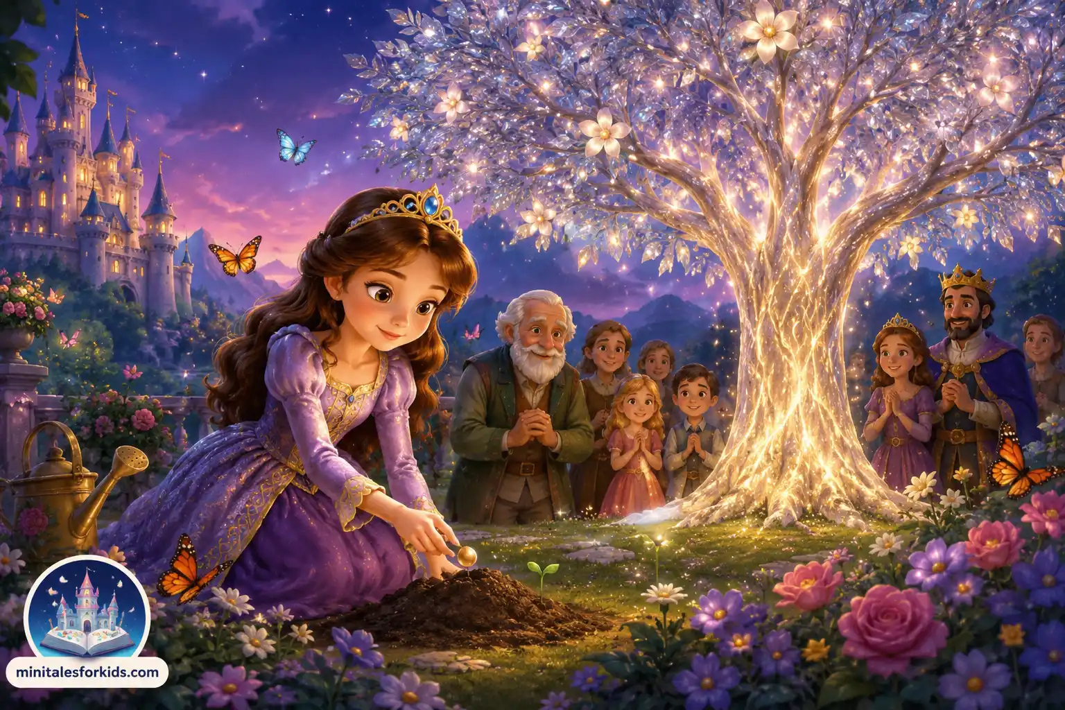 A magical princess plants a tiny golden seed in an enchanted garden as a glowing tree blossoms beside a fairytale castle in a fantasy landscape.