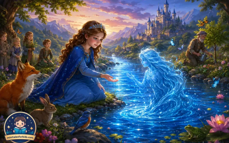 A fantasy illustration of Princess Eliana meeting a glowing water spirit beside the magical Sapphire River, surrounded by enchanted animals, flowers, and a fairy-tale castle.