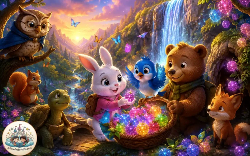 Fantasy illustration of a brave rabbit, a bluebird, a bear, a wise owl, a turtle, a squirrel, and a fox discovering glowing Crystal Berries in a magical forest beside a sparkling waterfall.