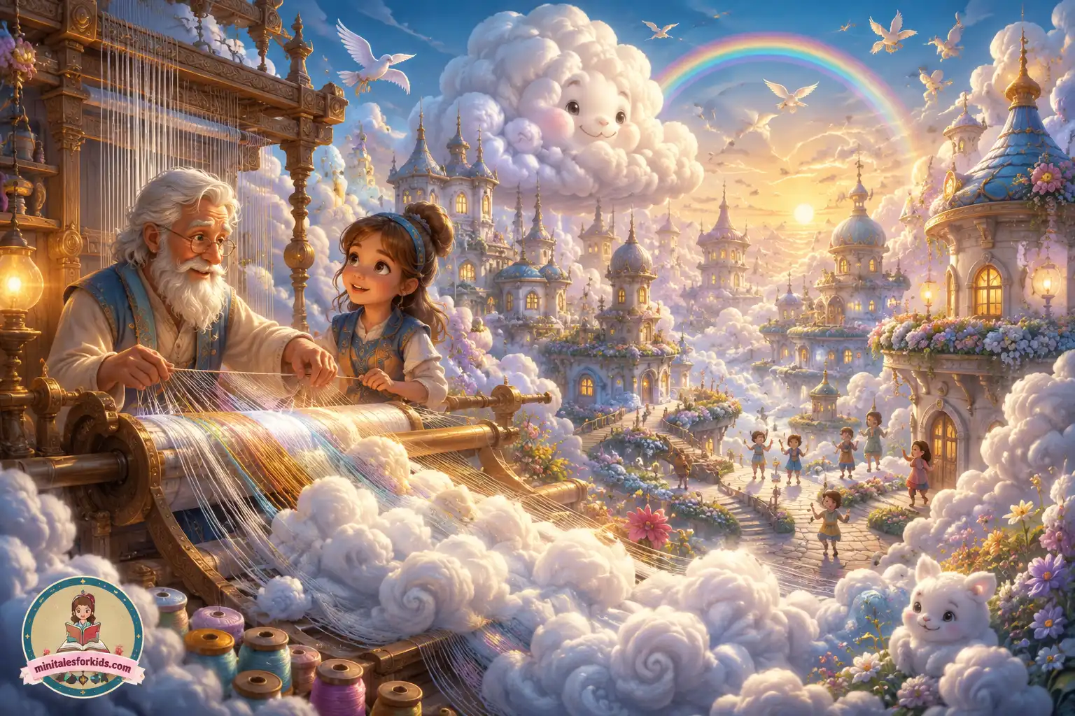 A magical fantasy illustration of an elderly stitcher and a young apprentice weaving glowing clouds in a whimsical cloud town filled with castles, flowers, rainbows, and happy children.