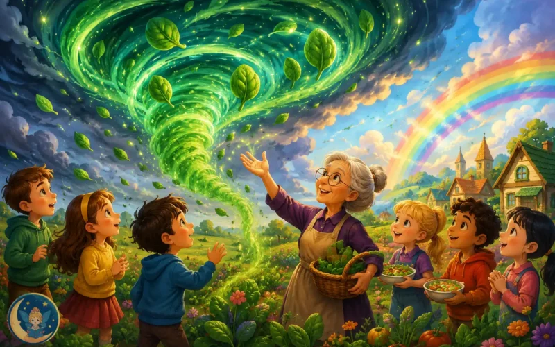 Fantasy illustration of children and Grandma Willow watching a magical spinach-powered storm above a colorful village garden with a rainbow.