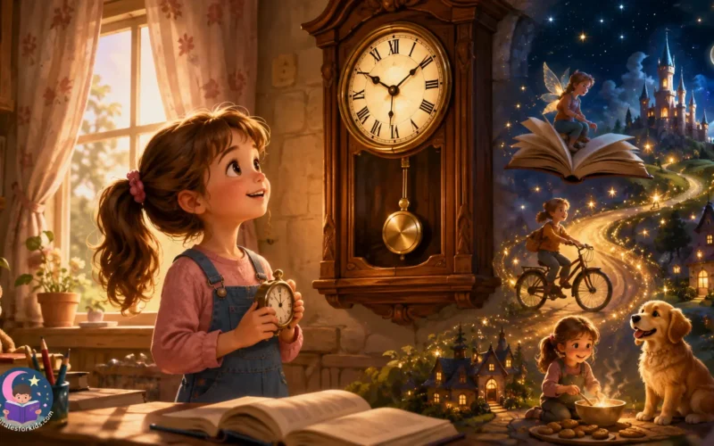 A cheerful girl holding a small clock beside a magical wooden clock in a whimsical fantasy setting.