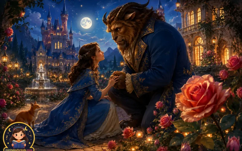 Beauty and the Beast fantasy storybook illustration featuring a girl, a gentle beast, roses, and a magical castle garden
