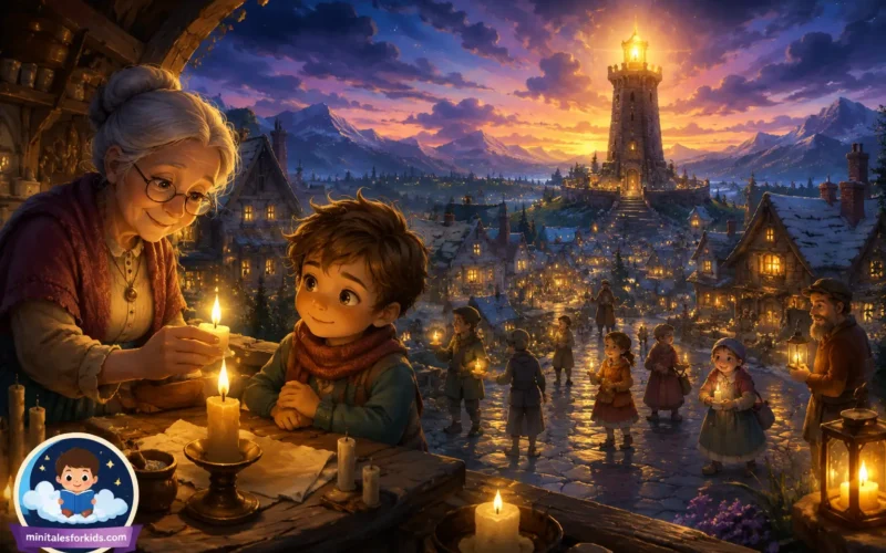 A magical winter village glowing with candles as a grandmother and young boy share a small golden flame