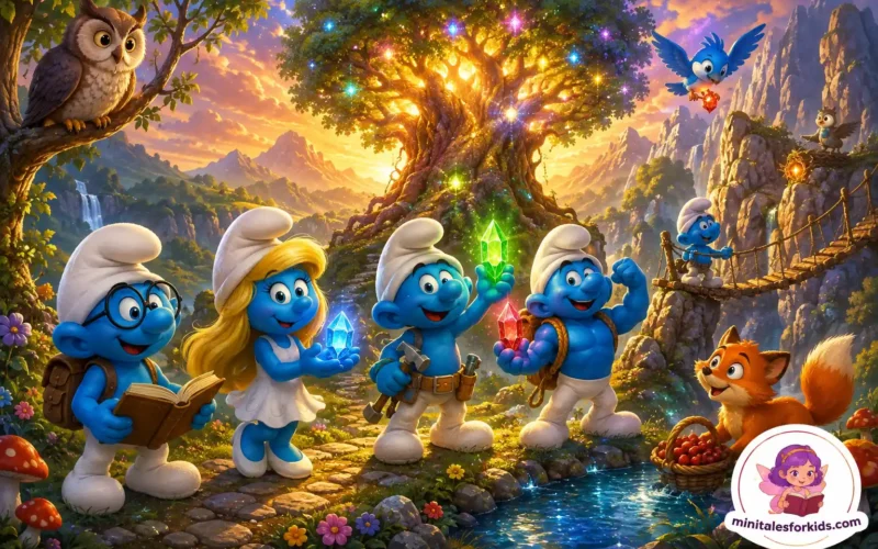 A magical fantasy illustration of the Smurfs on an adventure through an enchanted forest with a glowing magic tree, colorful crystals, friendly woodland animals, and a whimsical fairy-tale landscape.